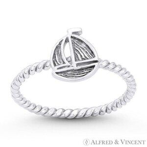 Sailboat Nautical Charm Stackable Ring in Oxidized .925 Sterling Silver - Size 8
